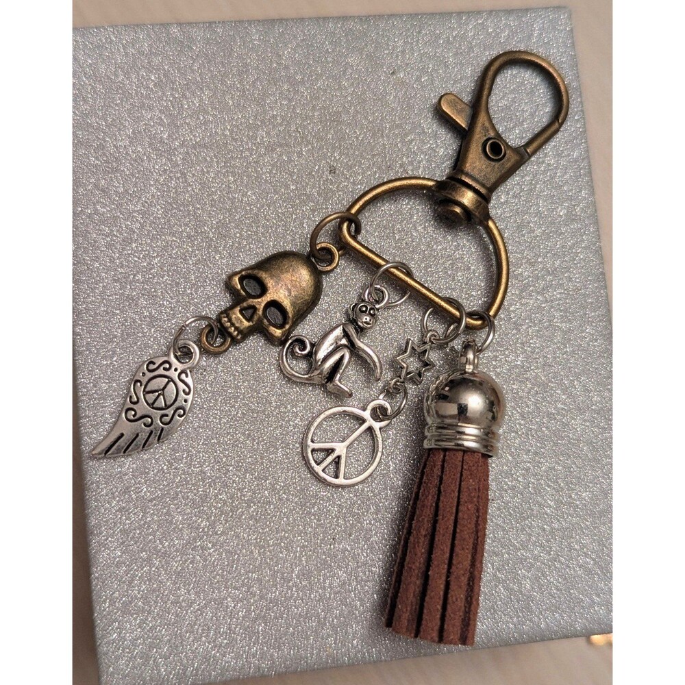 Goth Punk Biker Skull Wing Monkey Peace Charms Handmade Keychain Bag Zipper Clip
